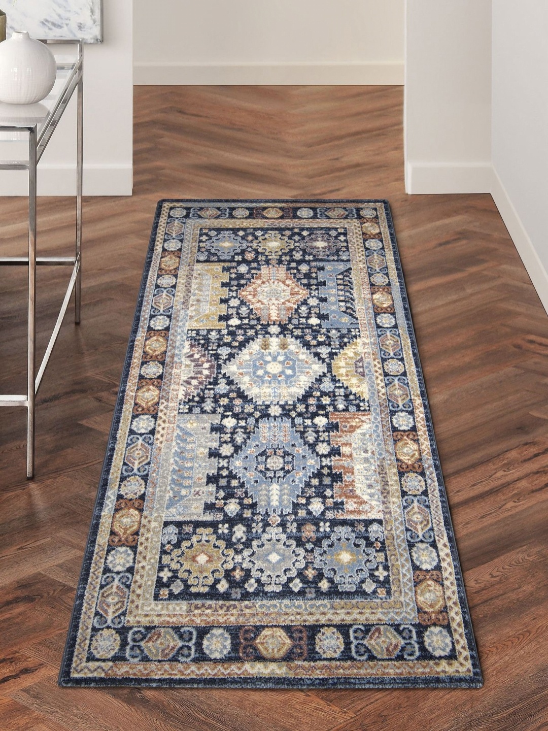 

OBSESSIONS Navy blue & Yellow Printed Bedside Runner