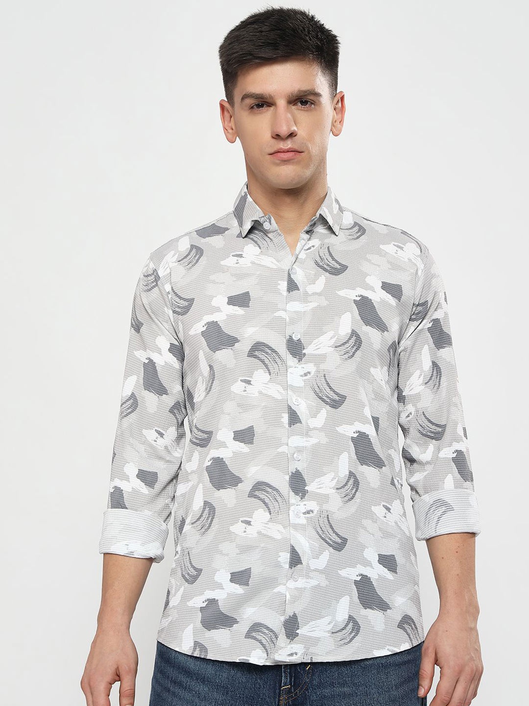 

YOUTH FIRST Men Modern Spread Collar Abstract Printed Casual Shirt, Grey
