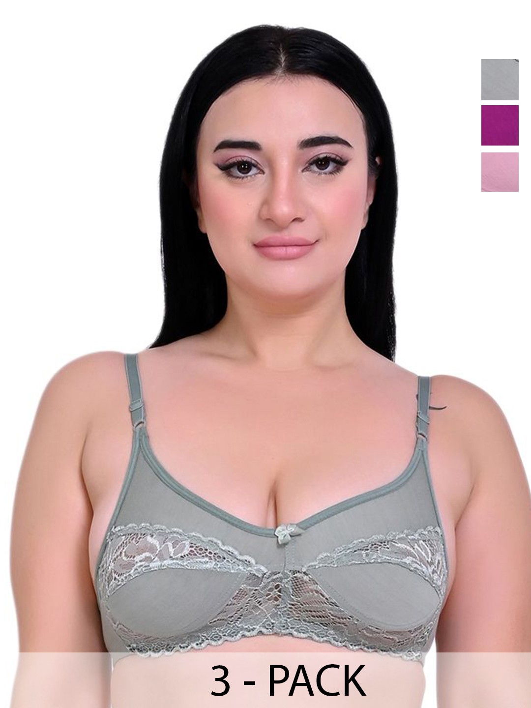 

Piylu Pack Of 3 Medium Coverage Lightly Padded Cotton T-shirt Bra, Grey