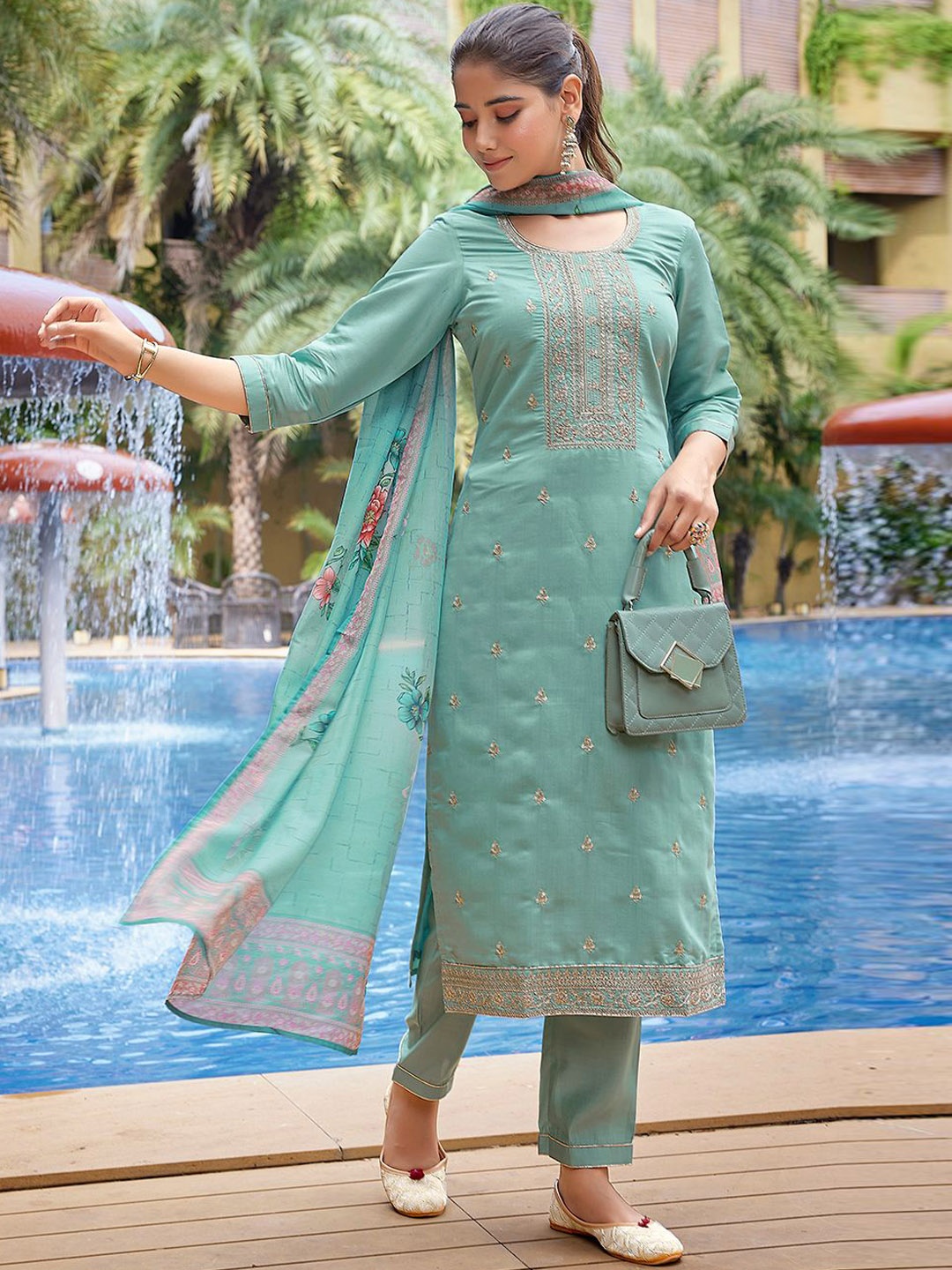 

Royal Export Floral Embroidered Sequinned Straight Kurta With Trouser & Dupatta, Sea green