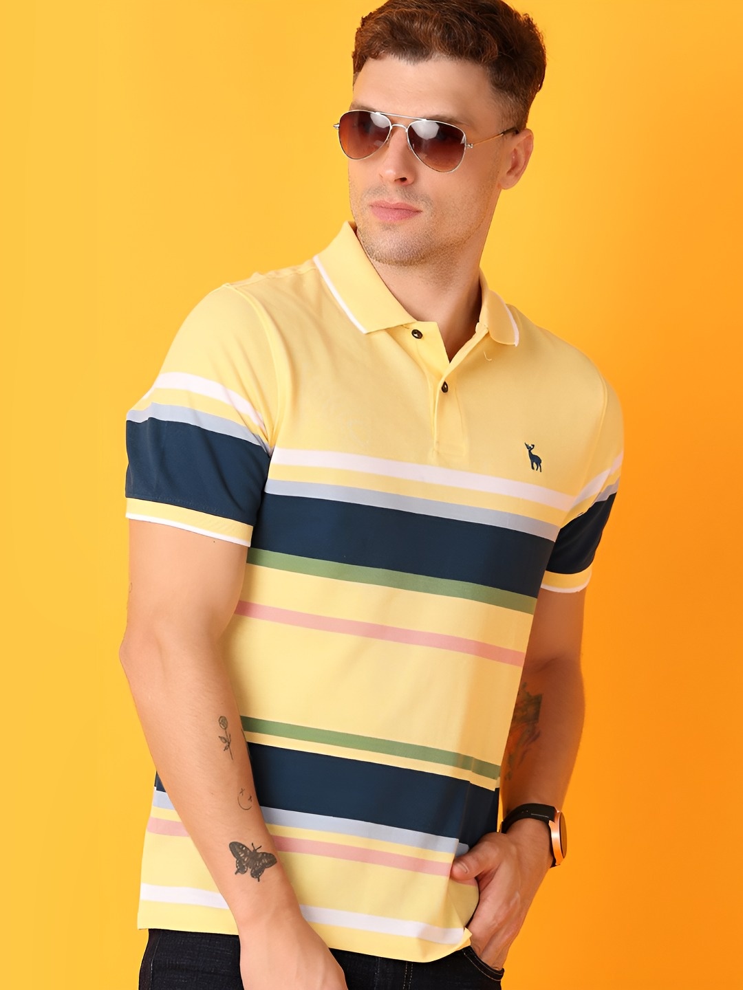 

V-Mart Men Striped Polo Collar T-shirt, Yellow