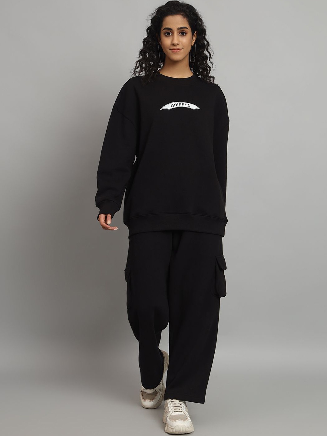 

GRIFFEL Women Cotton Self-Design Round Neck Tracksuits, Black