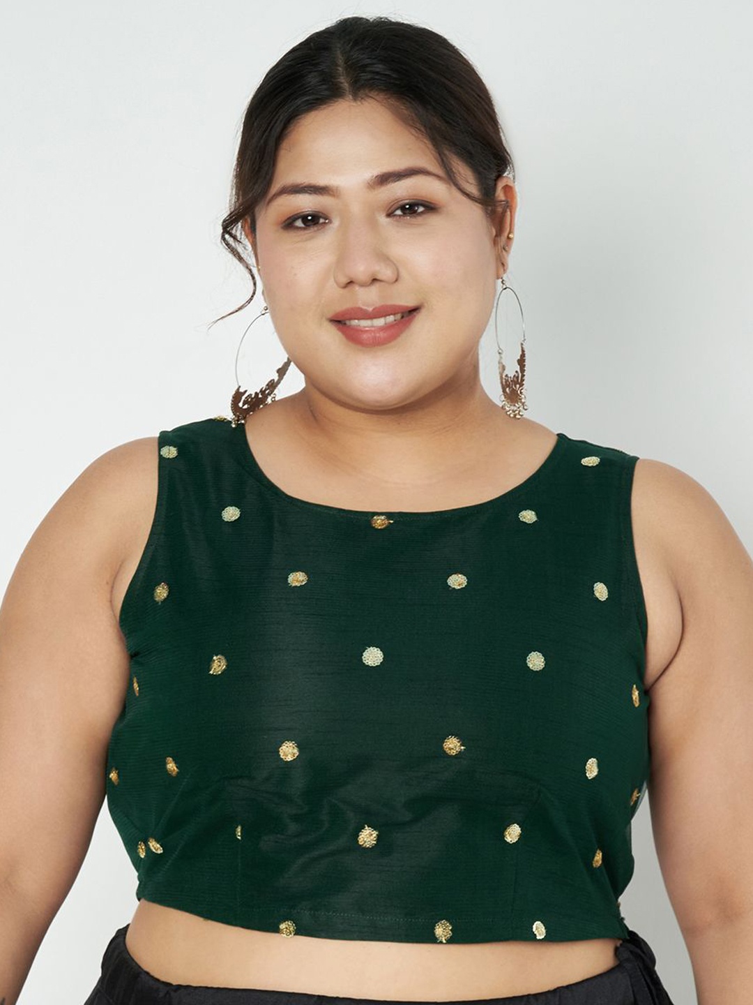 

studio rasa Women Green Round neck Sleeveless Polka Dot Embroidered Net Crop Top