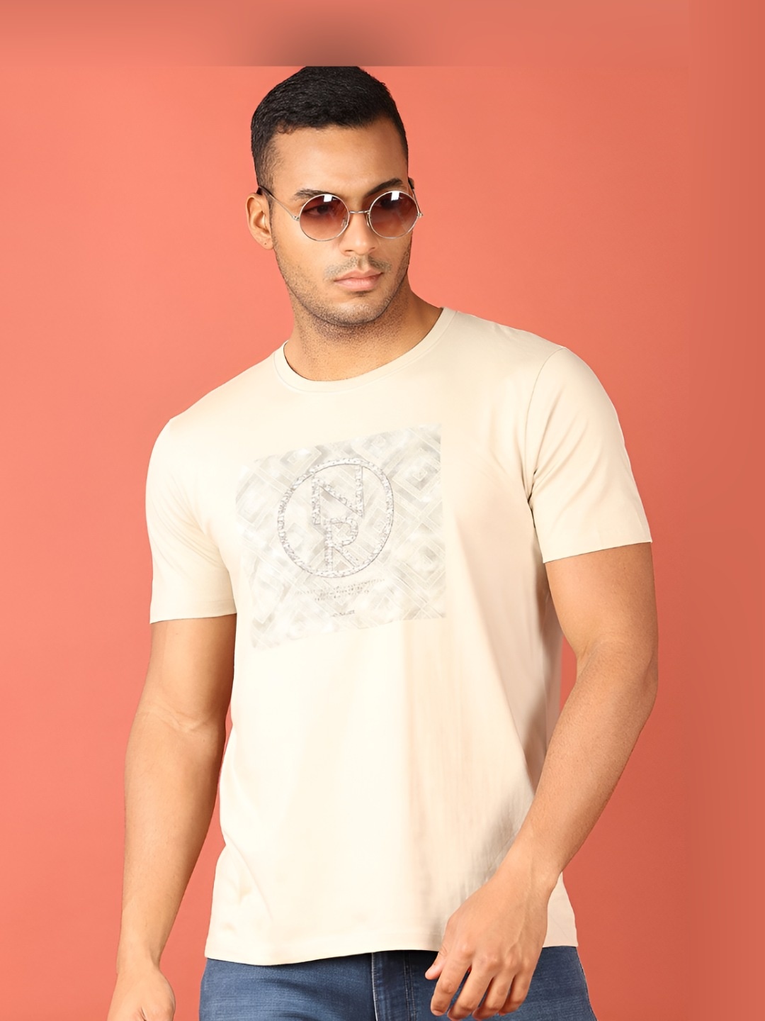 

V-Mart Men Graphic Printed Round Neck Cotton T-shirt, Beige