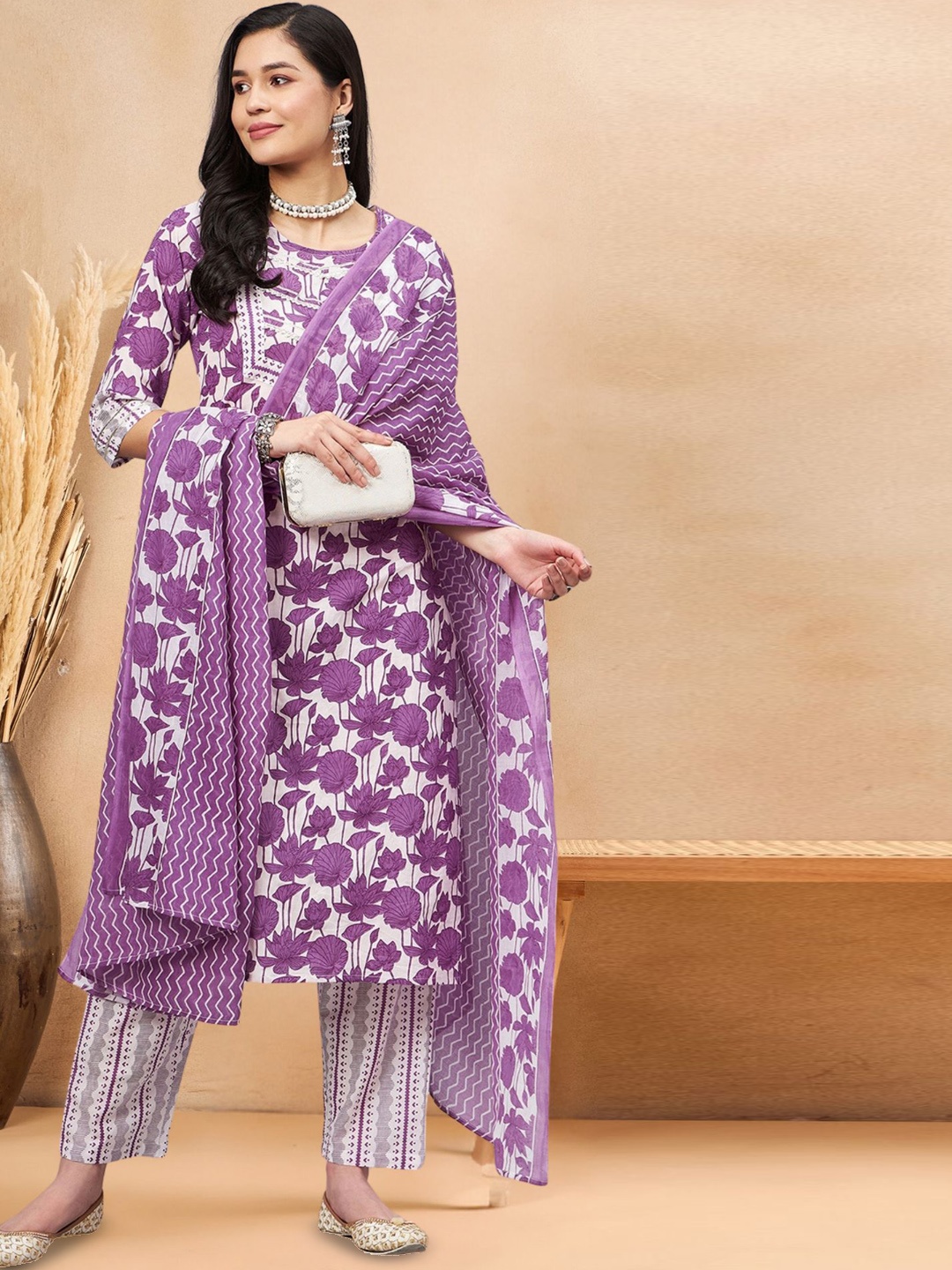 

WineRed Floral Printed Pure Cotton Straight Kurta with Trouser & Dupatta, Purple