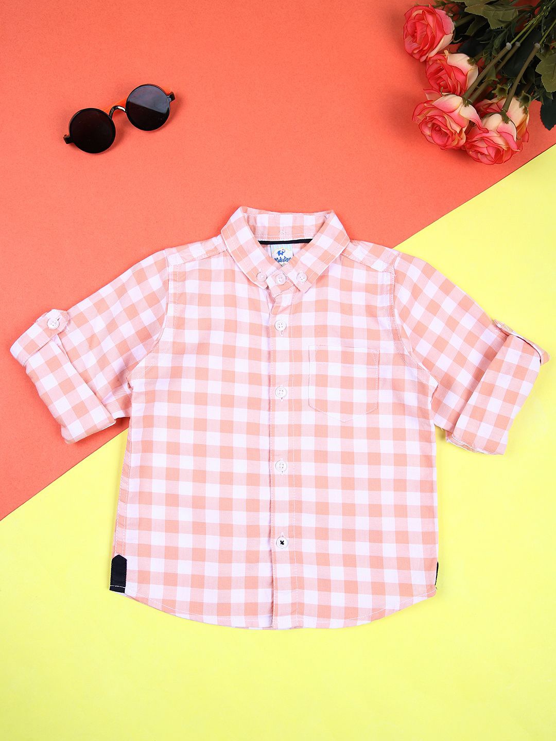 

V-Mart Unisex Kids Spread Collar Gingham Checked Cotton Casual Shirt, Peach
