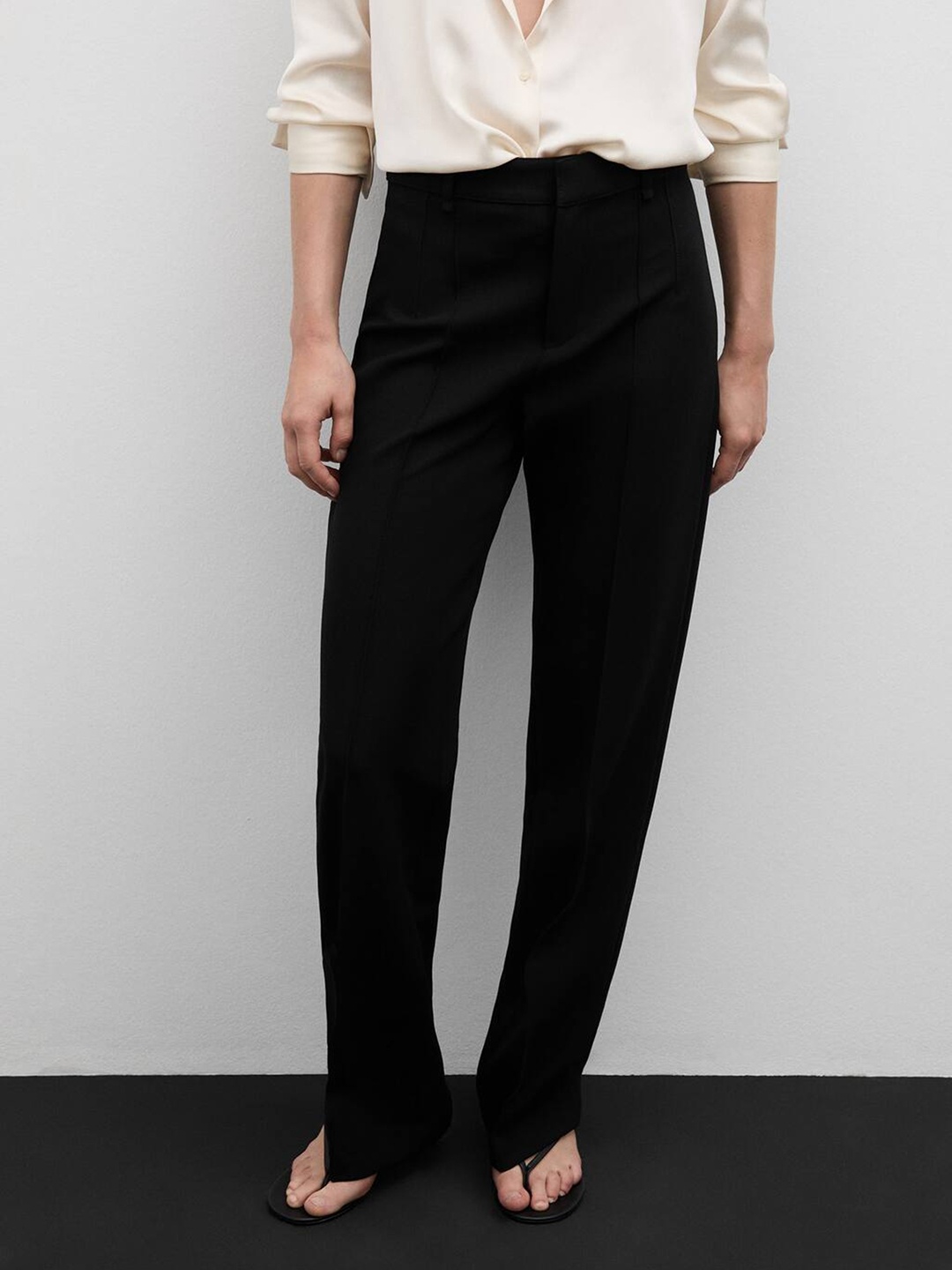 

MANGO Women Straight Fit Trousers With Decorative Seams, Black