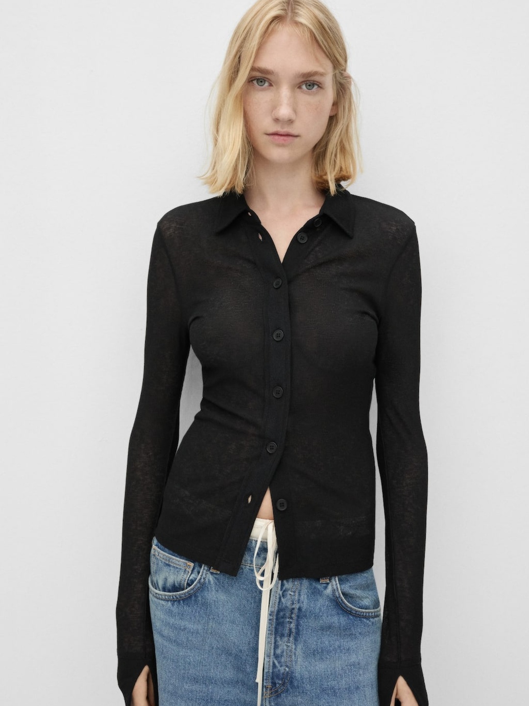 

MANGO Slit Sleeve Sheer Shirt Style Top, Black