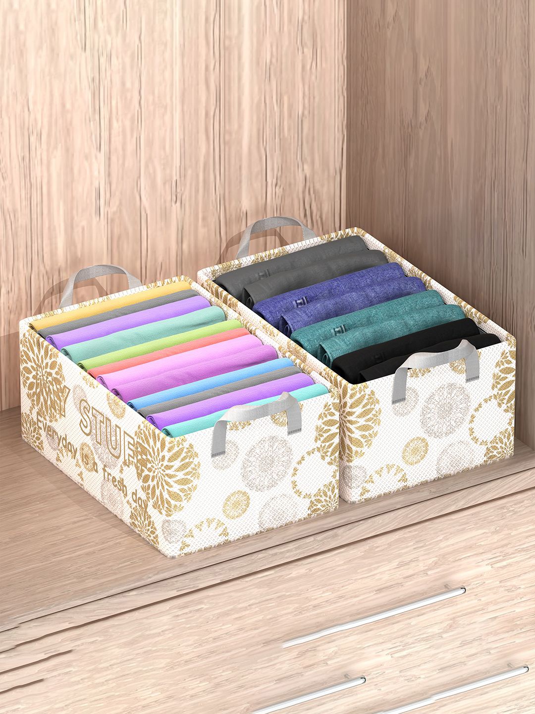 

Kuber Industries White 2 Pieces Printed Foldable Drawer Organisers