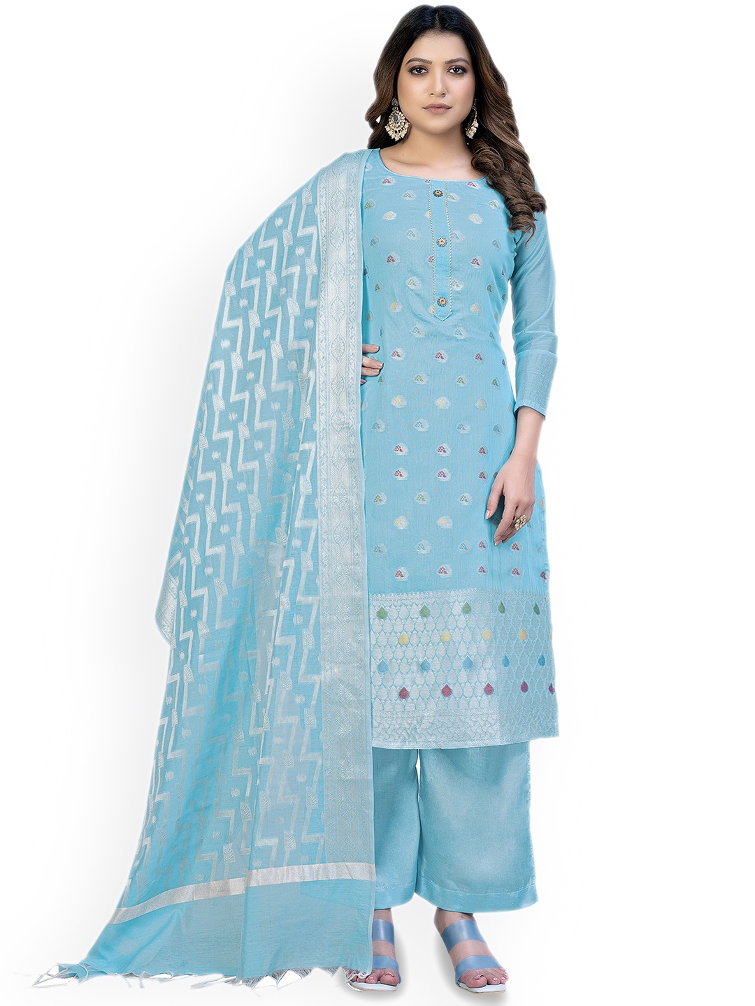 

Maroosh Ethnic Motifs Woven Design Gotta Patti Unstitched Dress Material, Turquoise blue