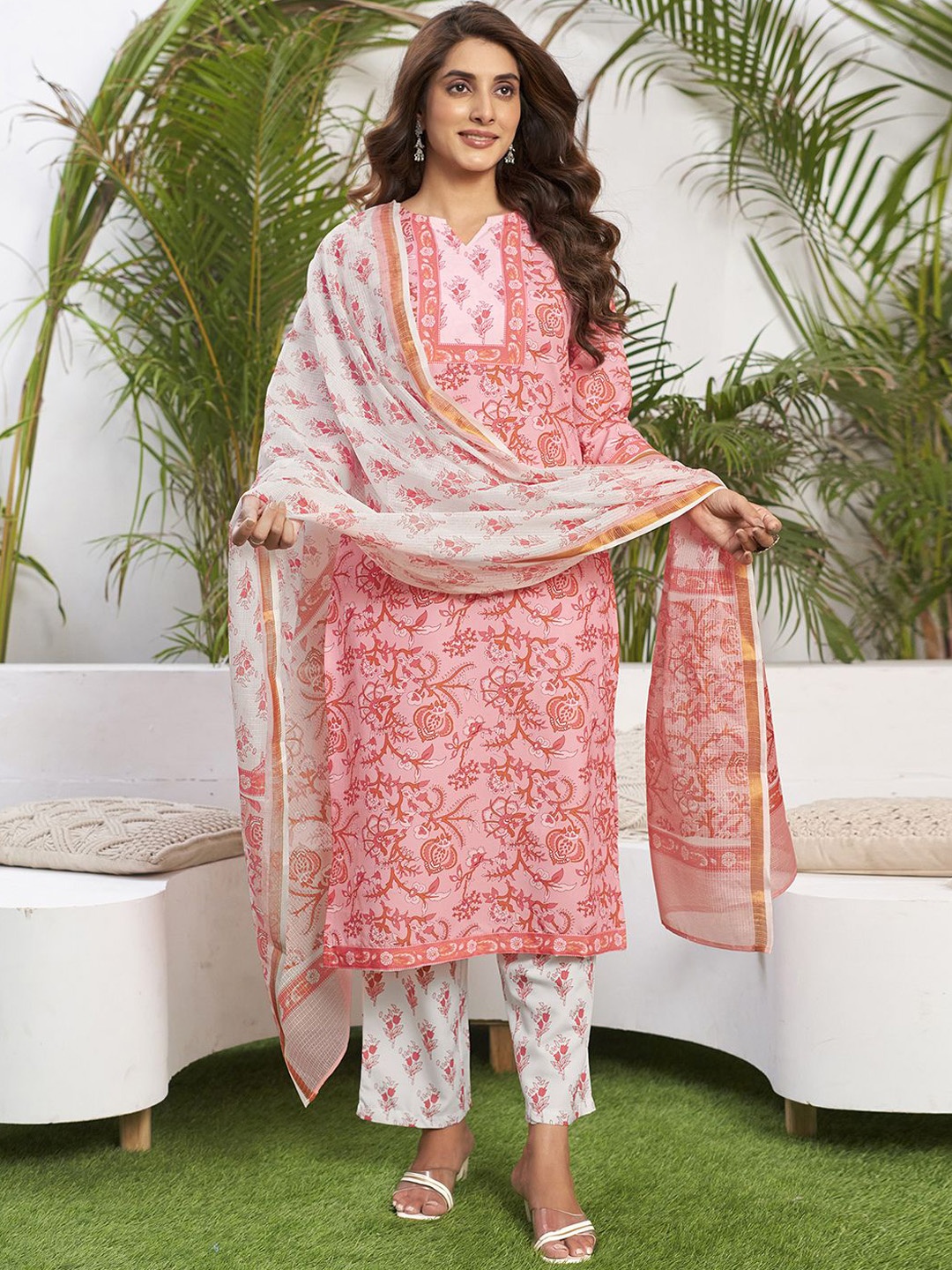 

KALINI Floral Printed Straight Kurta With Trousers & Dupatta, Pink