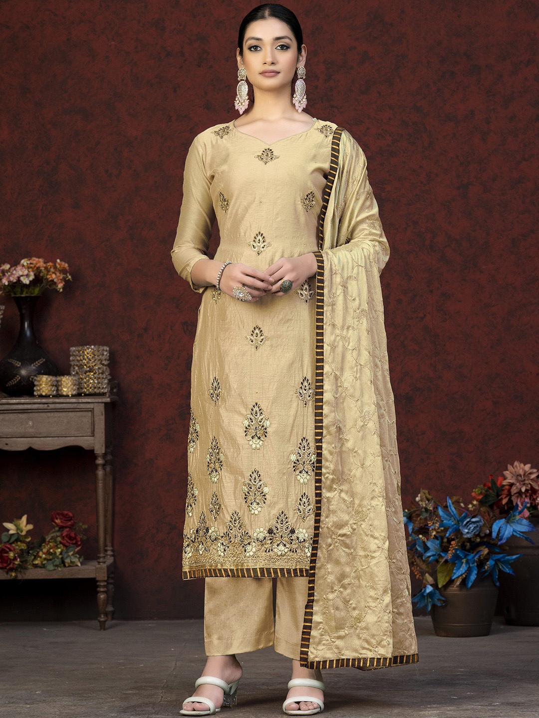 

Maroosh Ethnic Motifs Embroidered Unstitched Dress Material, Beige