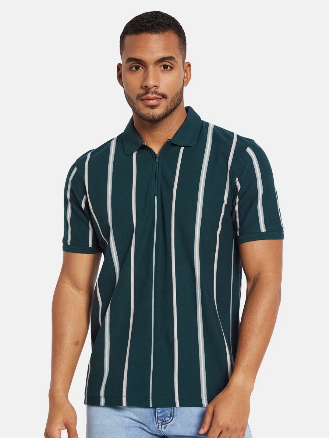 

Octave Men Striped Polo Collar Cotton T-shirt, Green