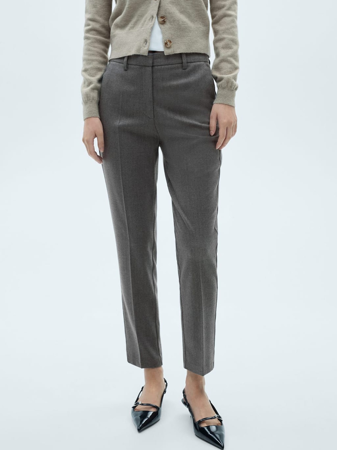 

MANGO Women Striped Crop Trousers, Grey