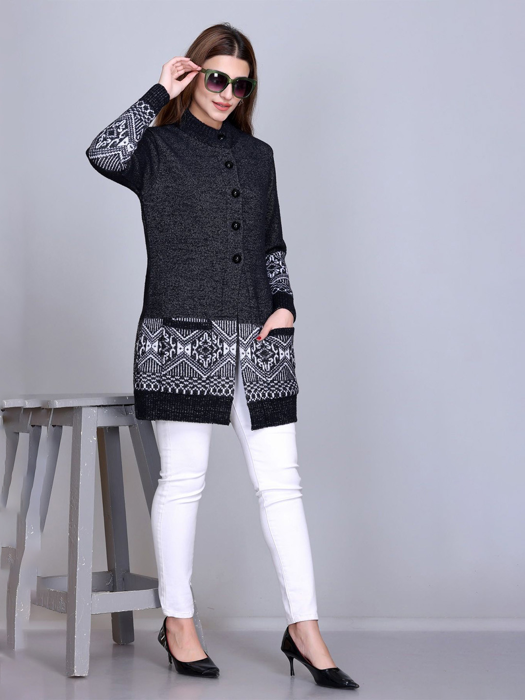 

Winter Wonders Women Self Design Woollen Cardigan, Black