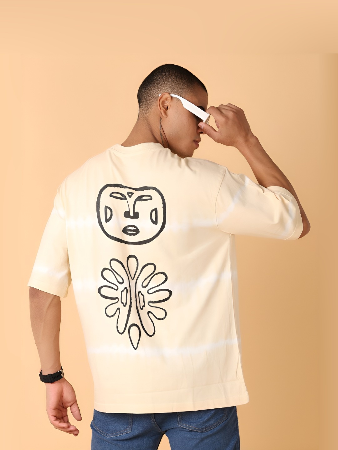 

V-Mart Men Graphic Printed Round Neck Cotton Oversized T-shirt, Beige