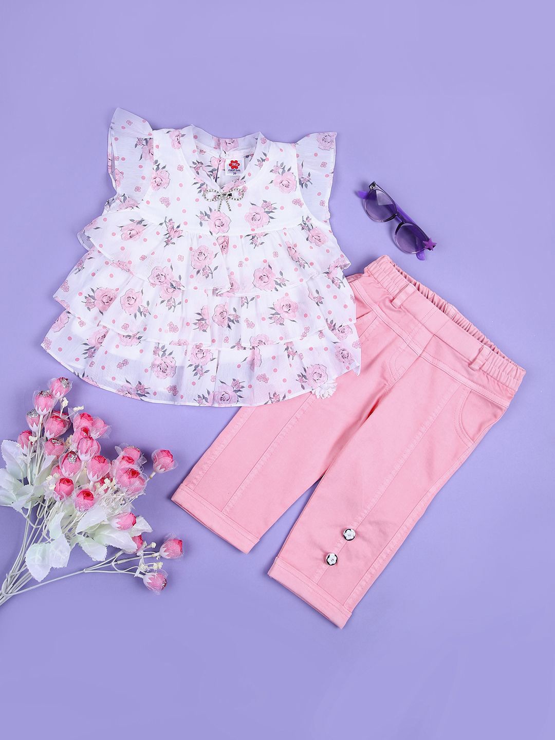 

V-Mart Girls Printed Top with Trousers, Pink