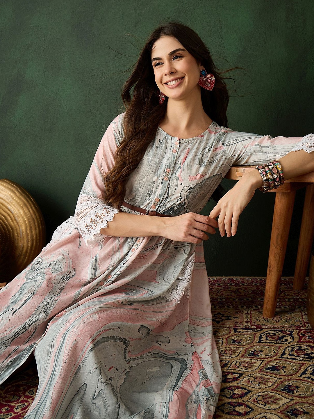 

Sangria Women Abstract Printed Cotton Fit & Flare Dresses, Off white