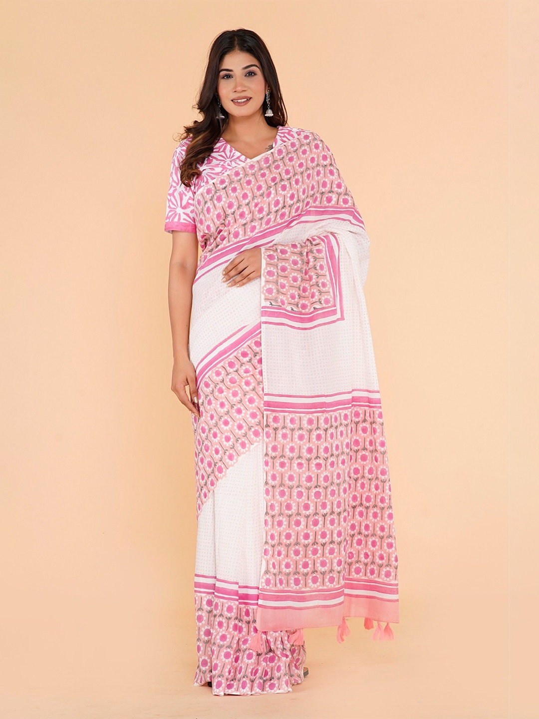 

Shivanya Handicrafts Floral Pure Cotton Block Printed Saree Attach Blouse Piece, Pink