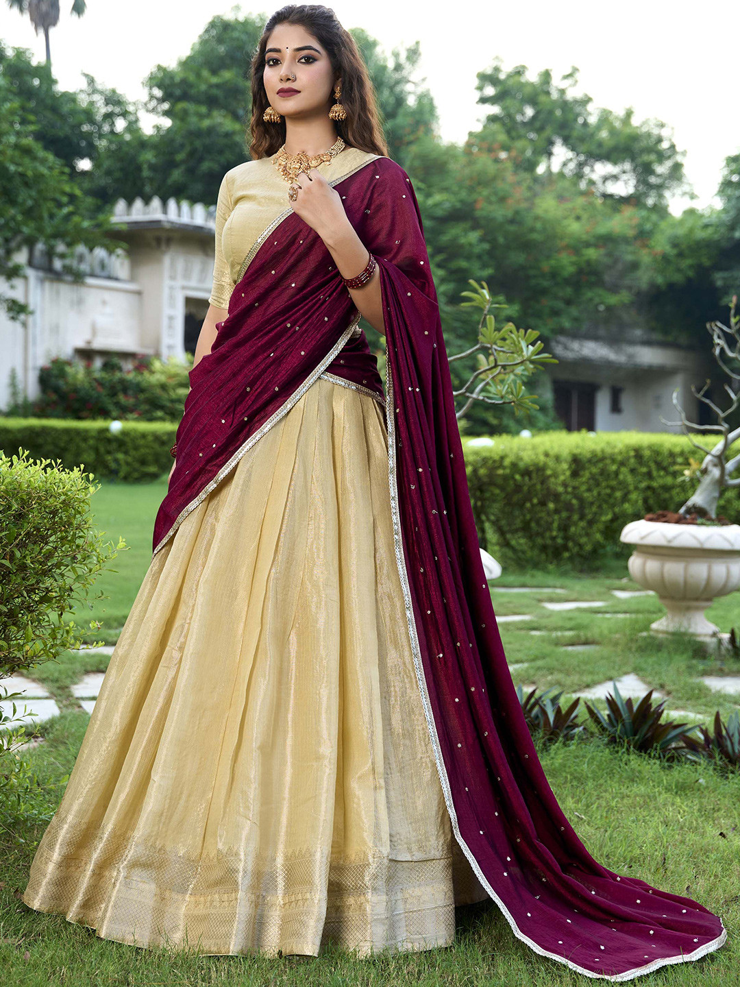 

LOOKNBOOK ART Ready to Wear Lehenga & Unstitched Blouse With Dupatta, Cream