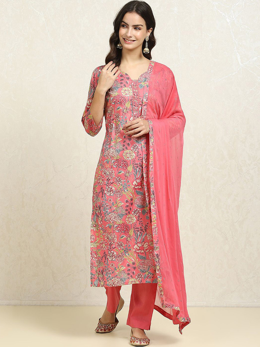 

Biba Floral Printed Pure Cotton Unstitched Dress Material, Pink