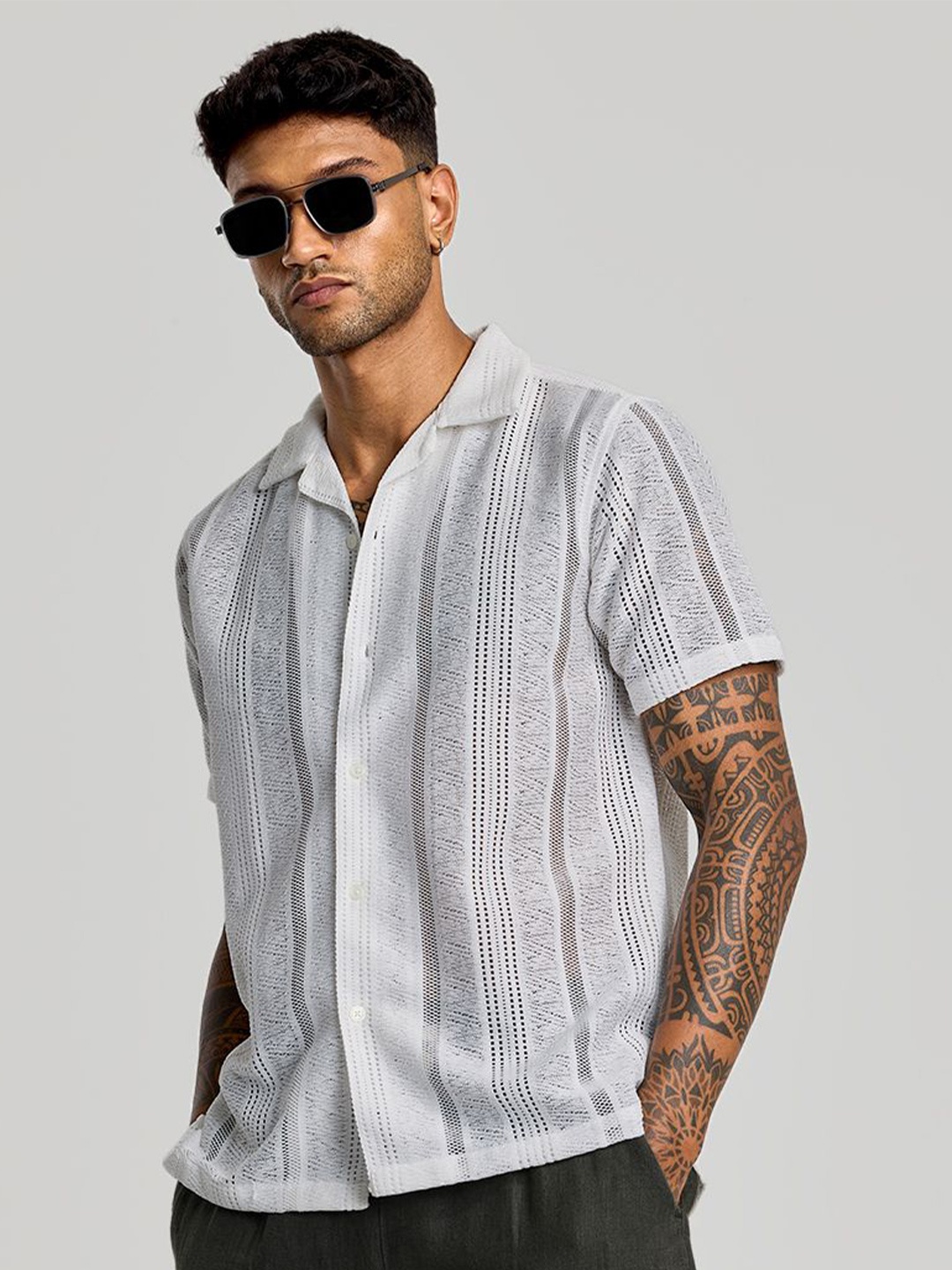 

Snitch Men Smart Cuban Collar Textured Casual Shirt, White