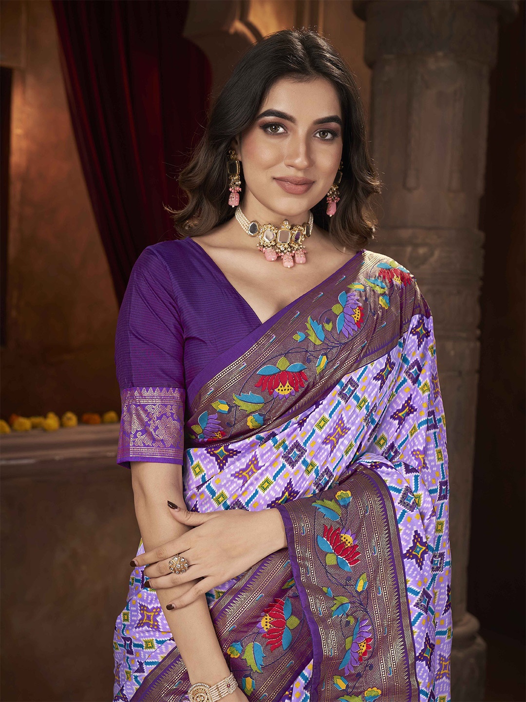 

Ethnielle Pure Silk Geometric Printed Woven Design Block Print Saree, Lavender