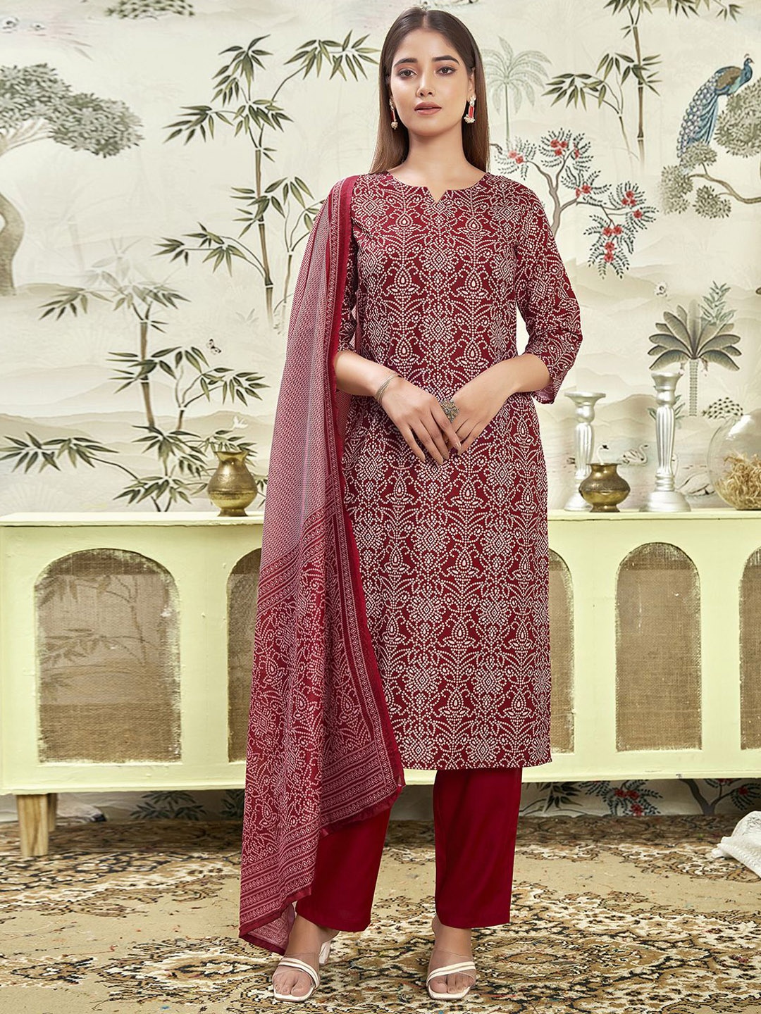 

KALINI Bandhani Printed Straight Kurta with Trouser & Dupatta, Maroon