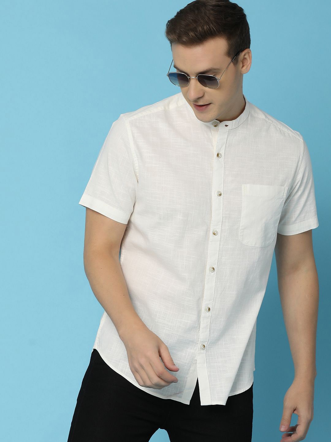 

V-Mart Men Band Collar Solid Cotton Casual Shirt, White