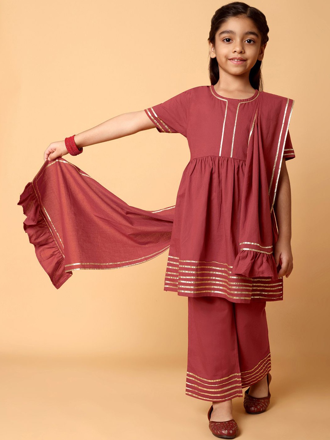 

Indo Era Girls Round Neck Gotta Patti A-Line Kurta with Trouser & Dupatta, Rust