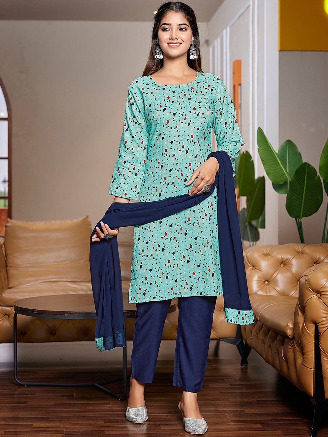 

Royal Export Abstract Printed Straight Kurta With Trousers & Dupatta, Blue