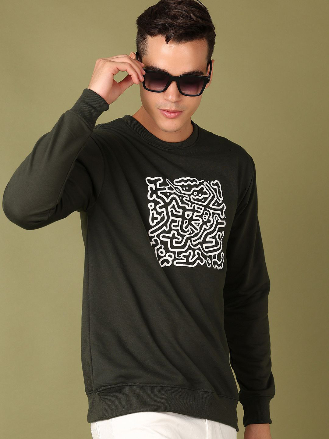 

V-Mart Men Printed Round Neck Casual Sweatshirt, Olive