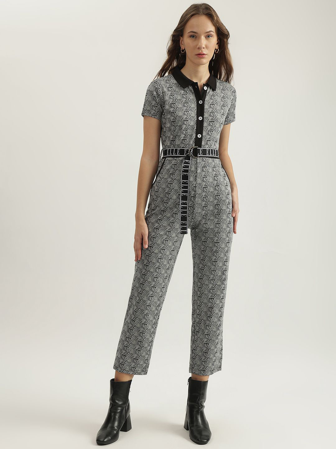 

ELLE Women Cotton Printed Shirt Collar Basic Jumpsuit, Black