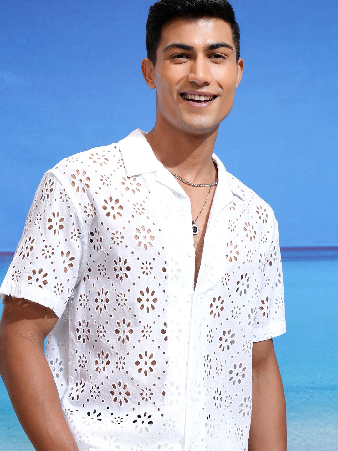 

Highlander Men Solid Hakoba Schiffli Cuban Collar Relaxed Shirt, White