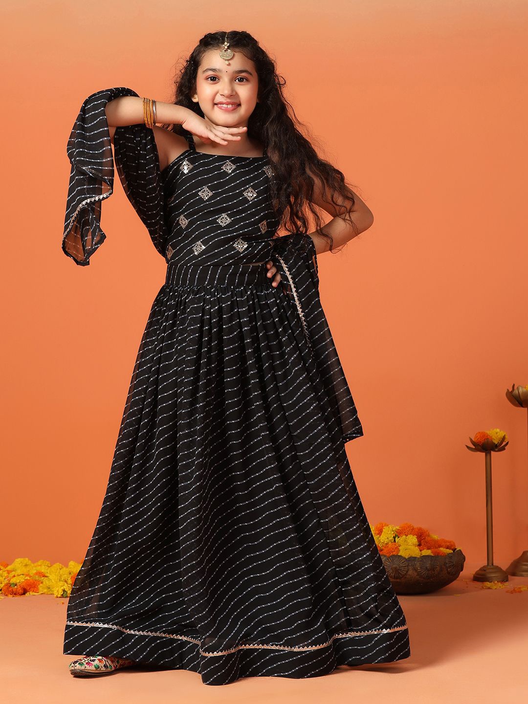 

BAESD Girls Printed Ready to Wear Lehenga & Blouse With Dupatta, Black