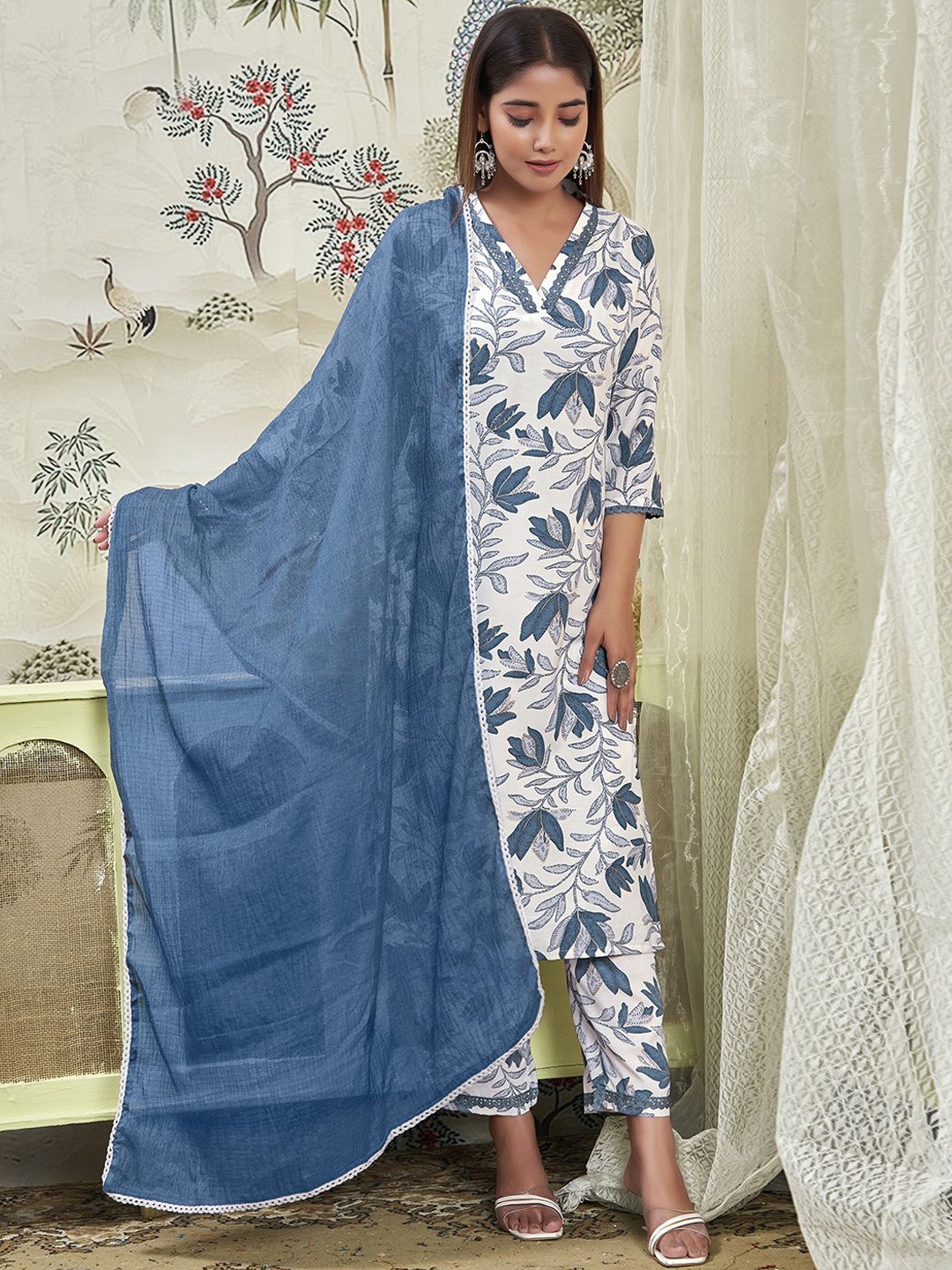 

KALINI Floral Printed Gotta Patti Straight Kurta with Trousers & Dupatta, Blue