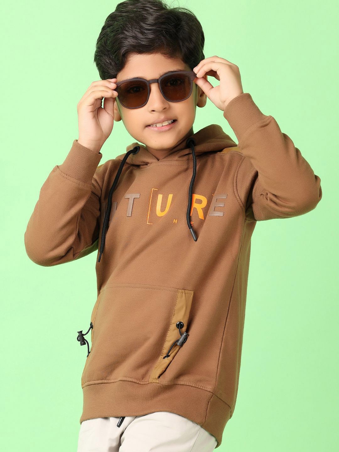 

V-Mart Boys Printed Hooded Pullover Sweatshirt, Brown