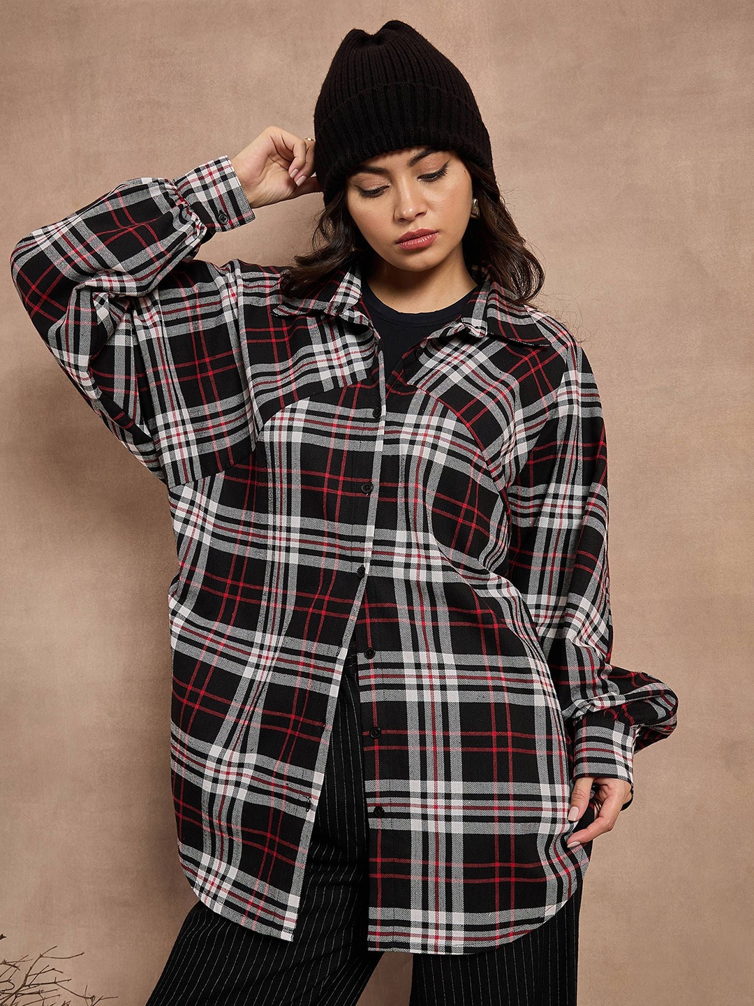 

SASSAFRAS Women Relaxed Windowpane Checks Opaque Checked Casual Shirt, Black