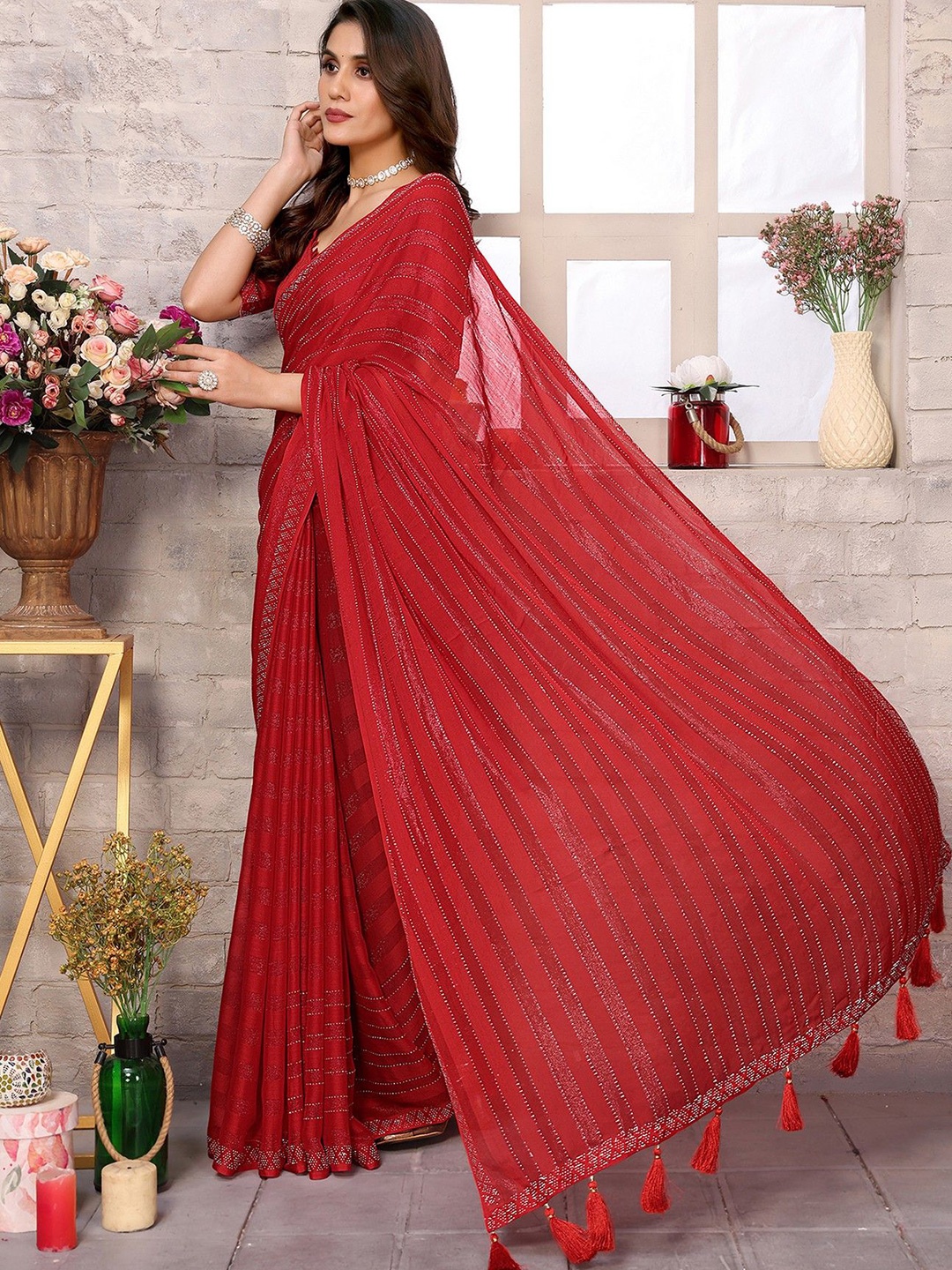 

KALINI Leheriya Printed Designer Leheriya Saree, Red