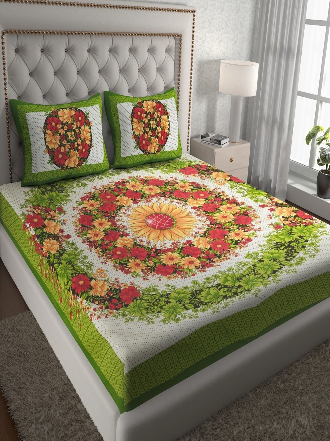 

UNIQCHOICE Green & Red Floral Cotton 120 TC Queen Bedsheet Set 2.35 m x 2.15 m