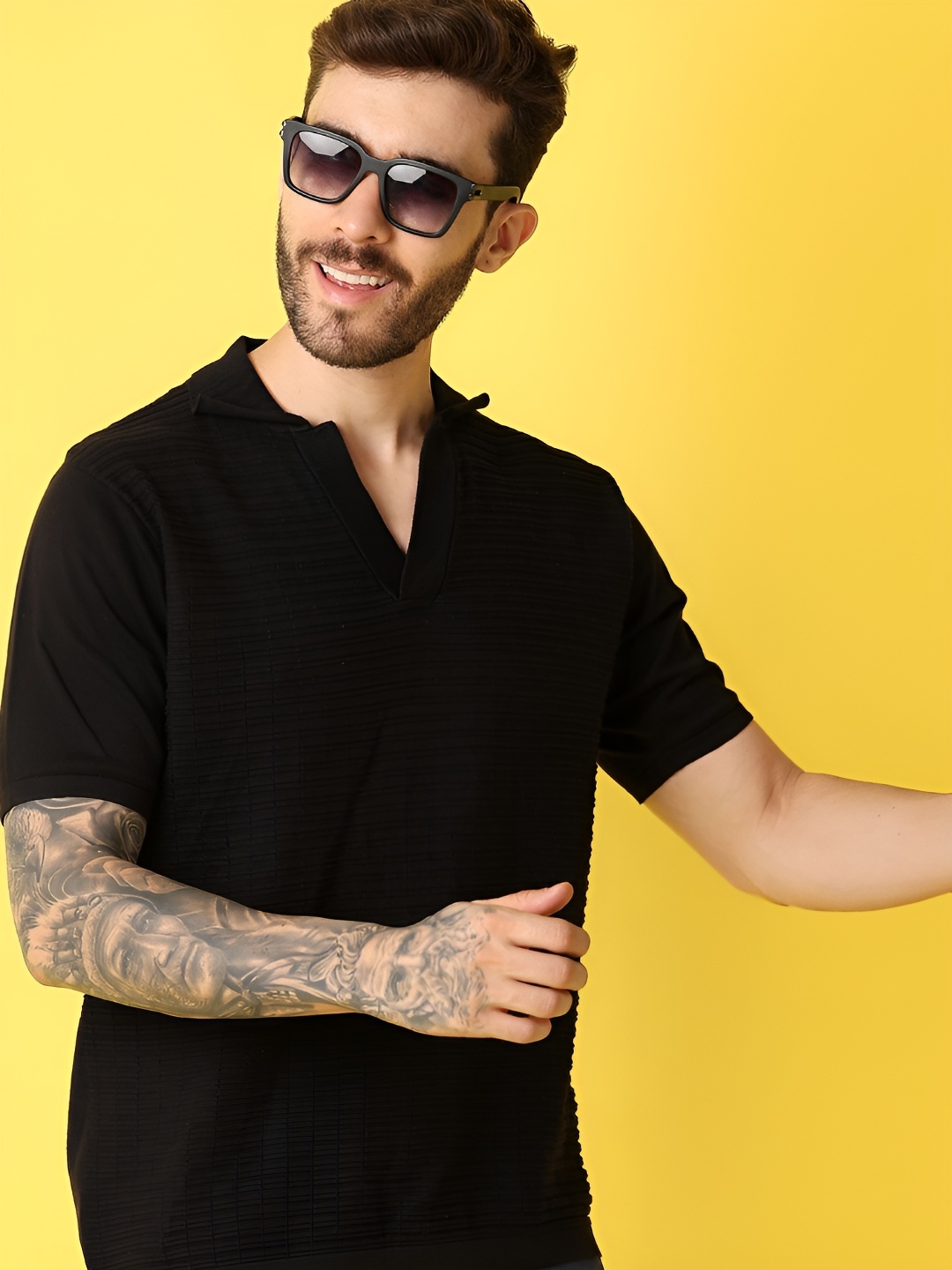 

V-Mart Men Self Design Polo Collar Cotton T-shirt, Black