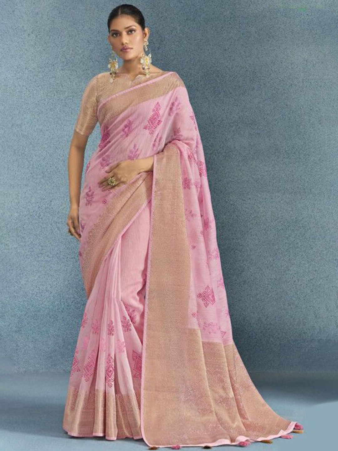 

MAHALASA Printed Zari Jute Silk Embroidered Work Saree, Pink