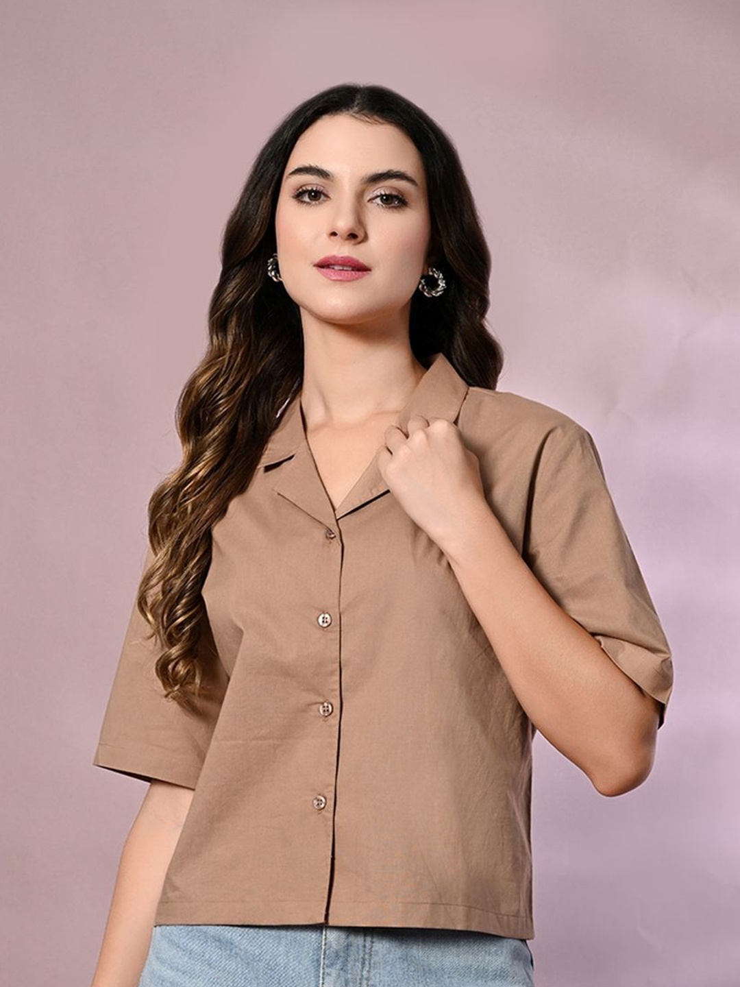 

PRETTY LOVING THING Women Brown Cotton Lapel Collar Shirt Style Top