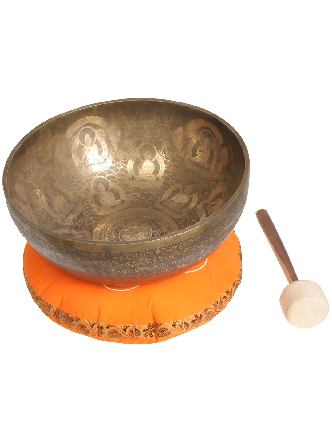 

Exotic India Gold Toned 2 Pieces Tibetan Buddhist Hand Hammered Singing Bowl With Sticks, Brown