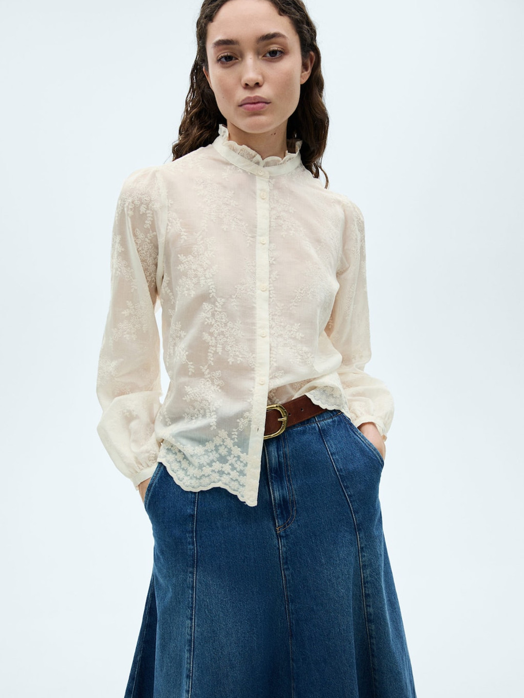 

MANGO Embroidered Shirt Style Top, Cream