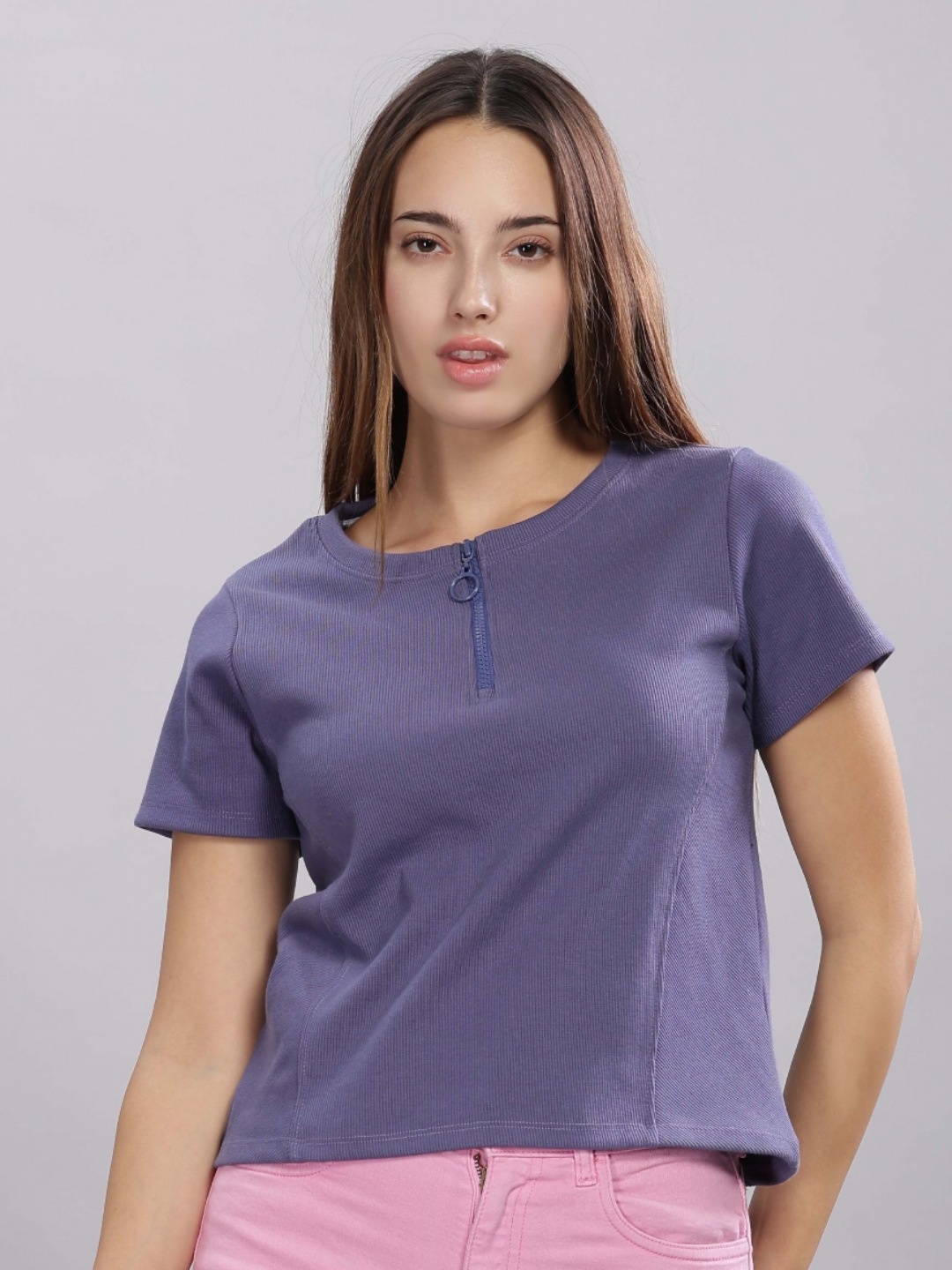

HEYLAY Women Solid Henley Neck Pure Cotton T-shirt, Lavender