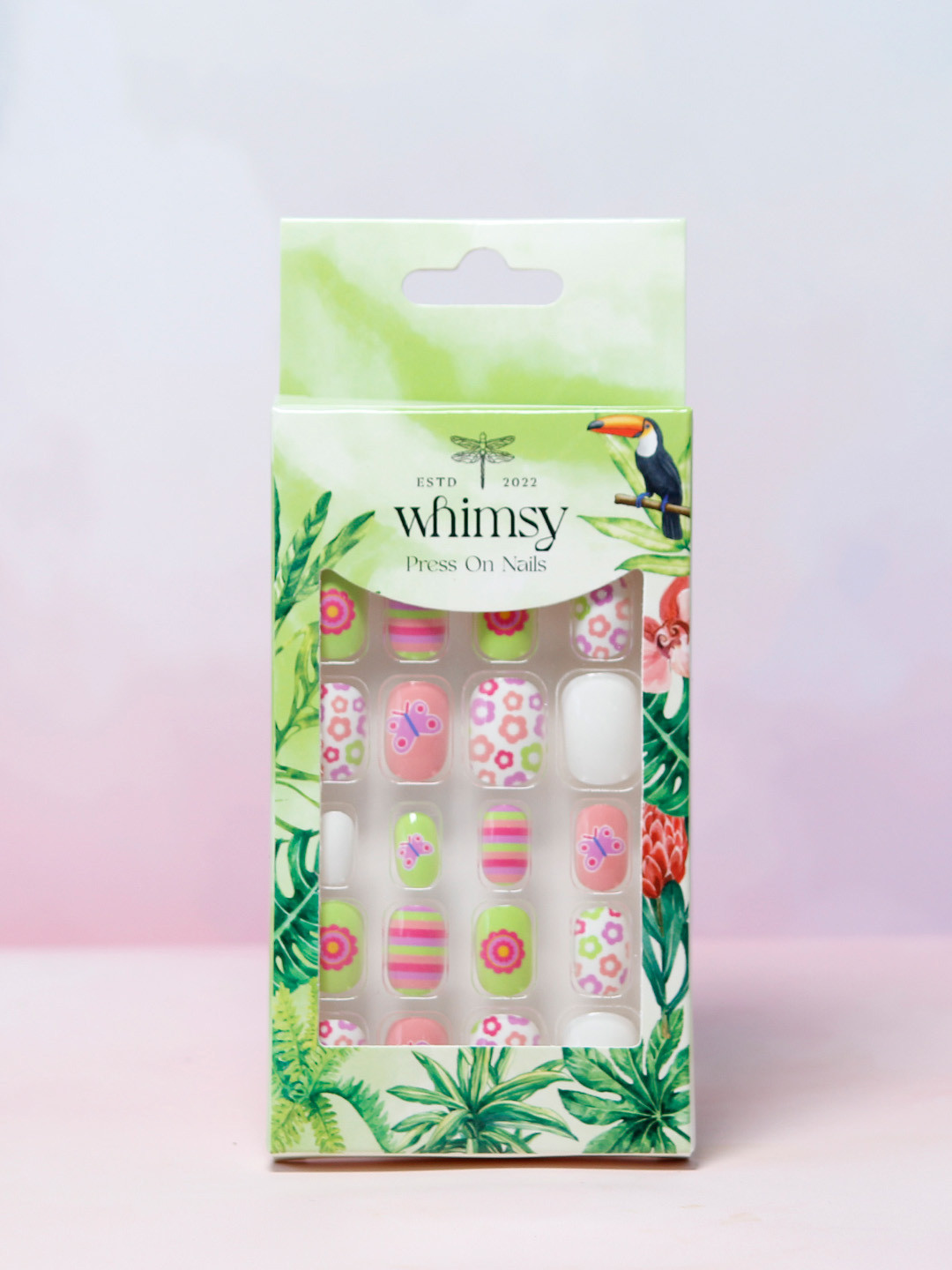 

Whimsy Beauty Set Of 24 Artificial Press On Nails With Floral Design, Green