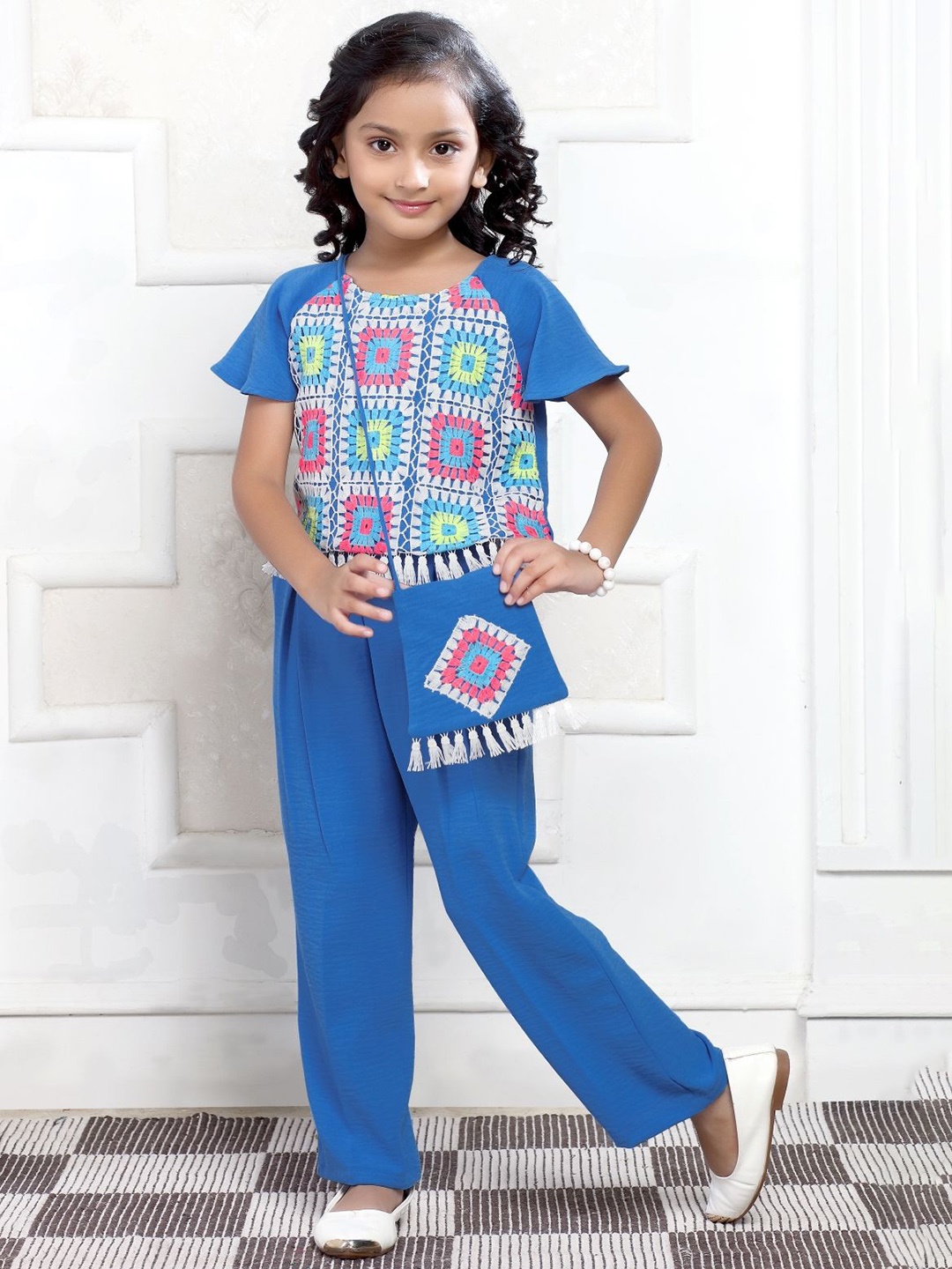 

Lei-Chie Girls Embroidered Round Neck Raglan Sleeves Crochet Top with Trousers, Blue