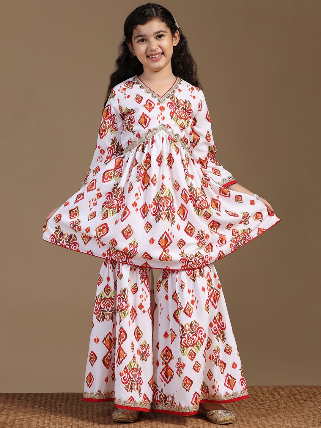 

BAESD Girls Ethnic Motifs Printed Regular Sequinned A-Line Kurta with Sharara, White