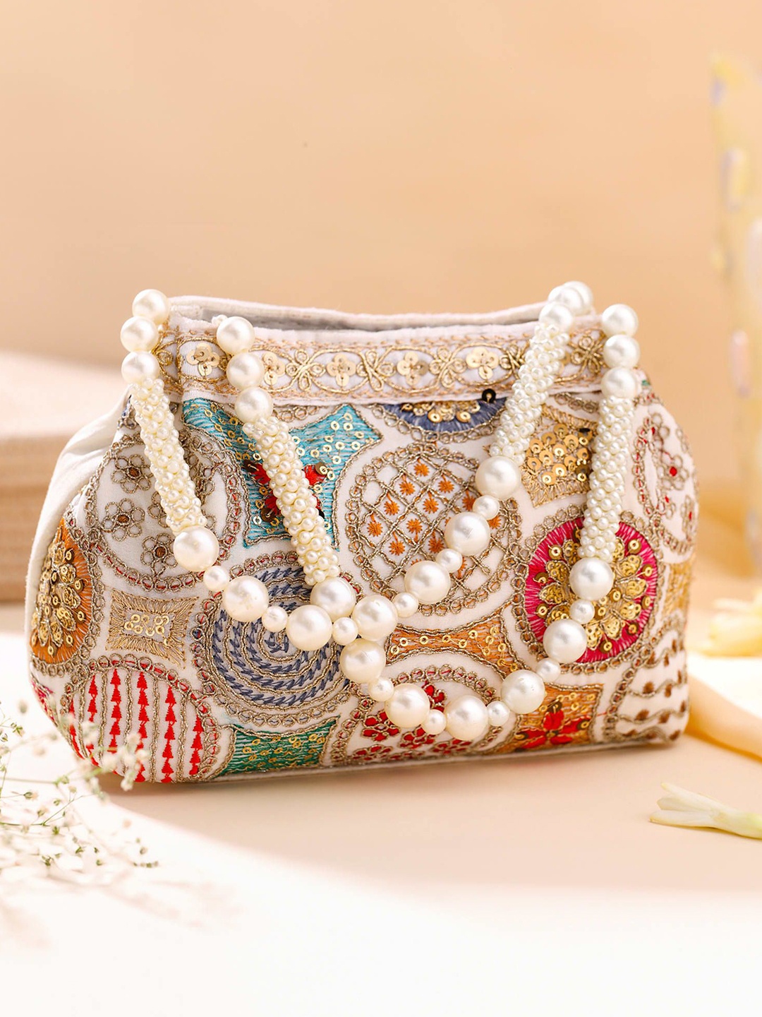 

Yellow Chimes Embellished Beaded Wristlet Potli Bag, White